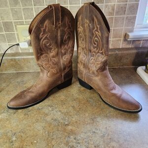 Justin Cowboy Boots Women's Size 6D Mid Calf Pointed Toe Western Brown Leather